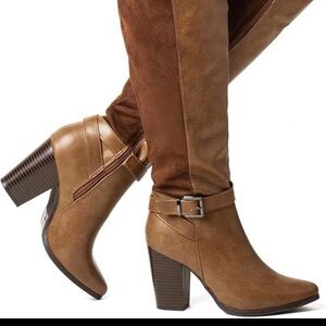 Brown Faux Leather Suede Stacked Heeled Boots Sz 9